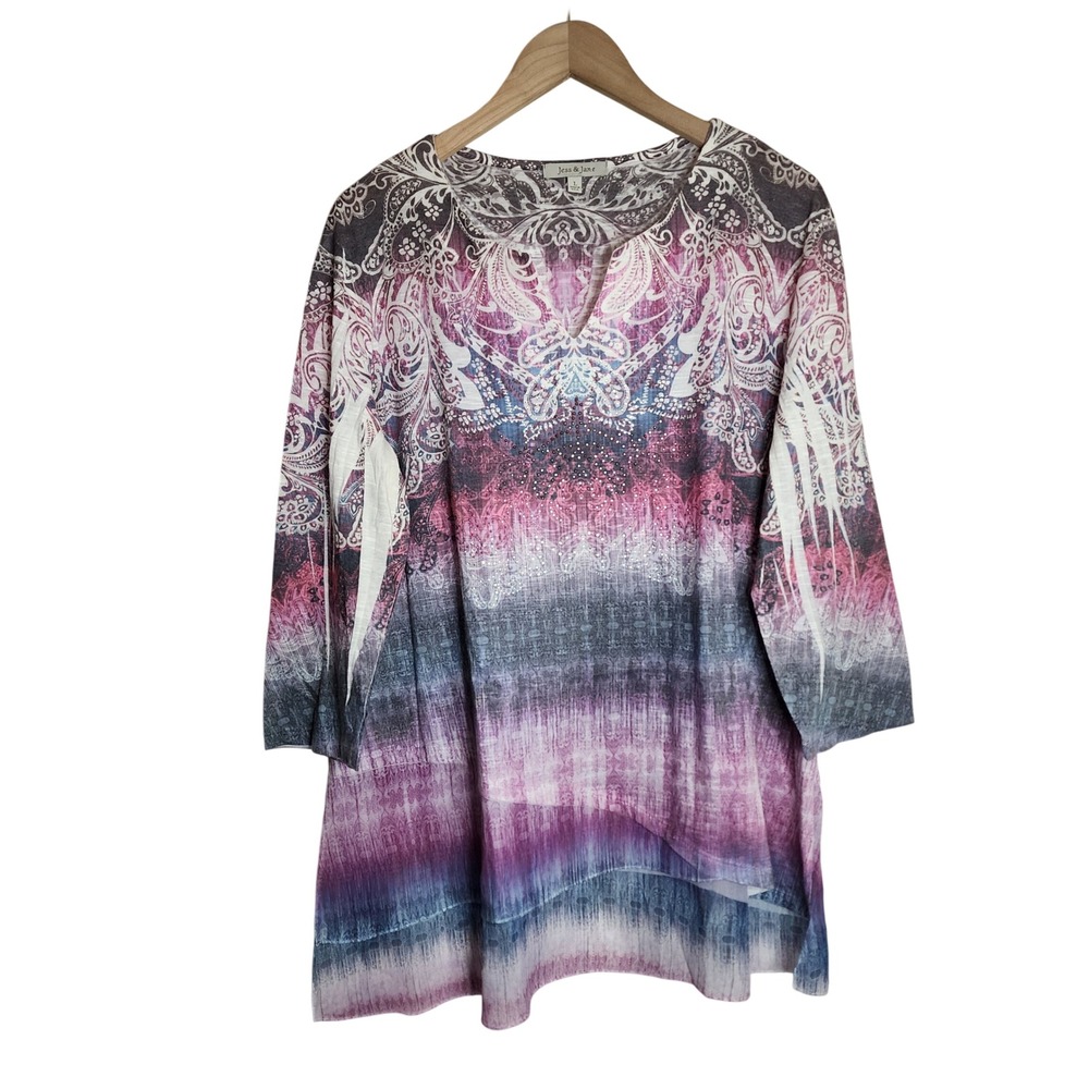 Jess & Jane Tunic Top Women Large Purple‎ Paisley Embellished 3/4 Sleeve 61-000